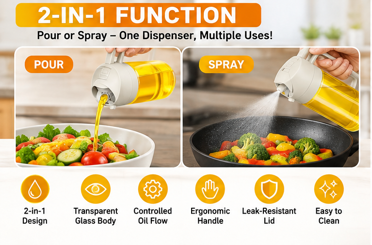 2-in-1 Glass Oil Dispenser Bottle – Pour & Spray, 500ml