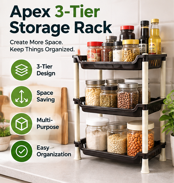 Apex 3-Tier Storage Rack – Space-Saving Home Organizer