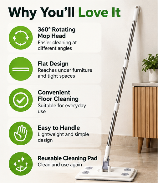 Rotating Flat Mop – 360° Cleaning for Floors & Hard-to-Reach Areas